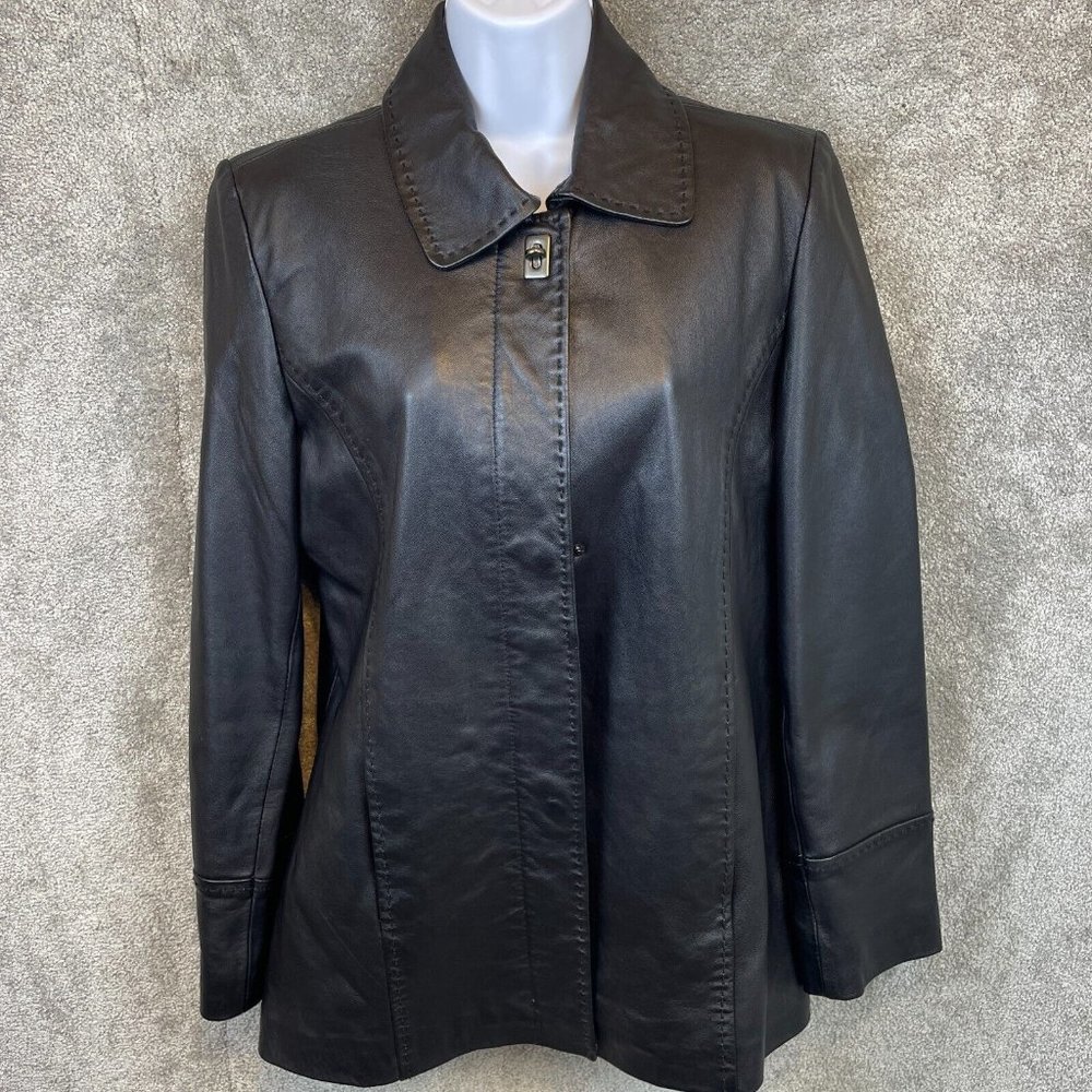 Calvin Klein Leather Trucker Jacket Women's Size Small Black Zip Up Toggle
